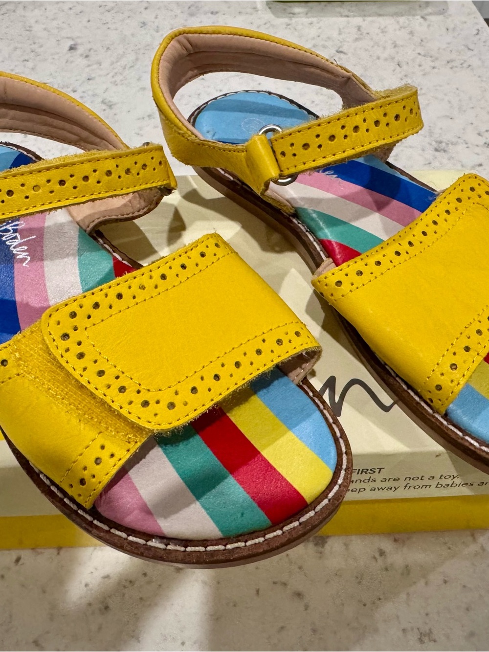Mini Boden Girls' Yellow Leather Sandals with Rainbow Insole